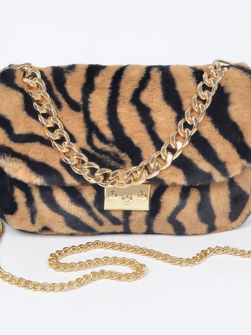 NWT Faux Fur Tiger-Print Chain Crossbody Bag - Tan & Black